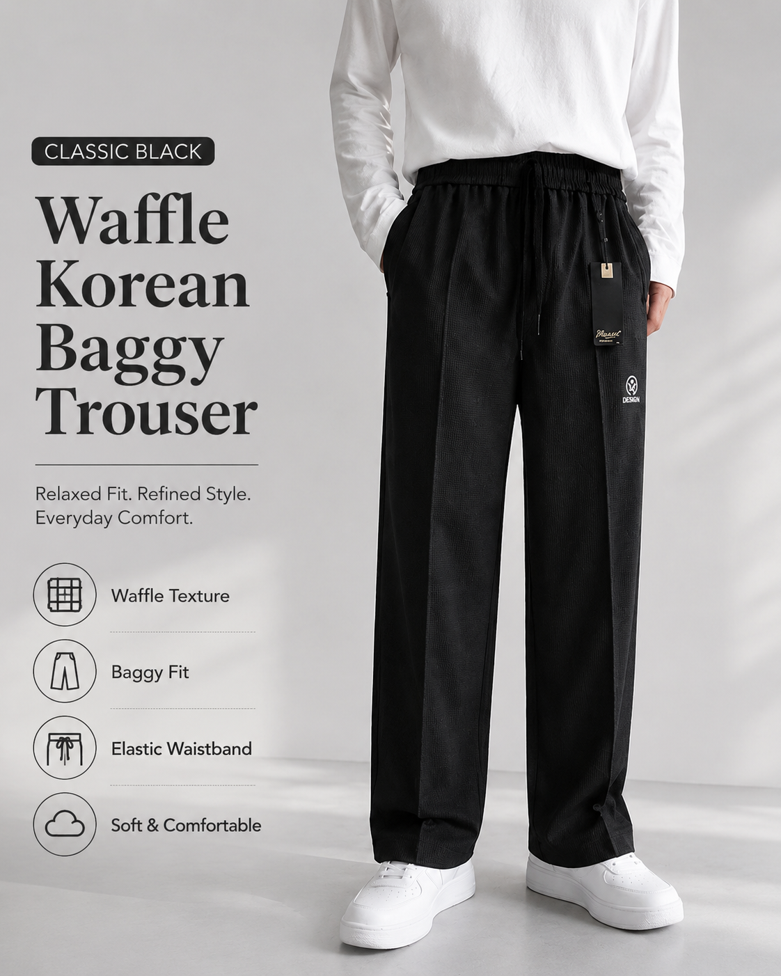 Classic Black Waffle Korean Baggy Trouser