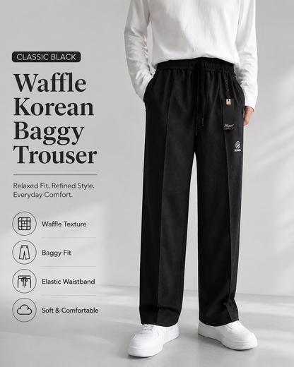 Classic Black Waffle Korean Baggy Trouser