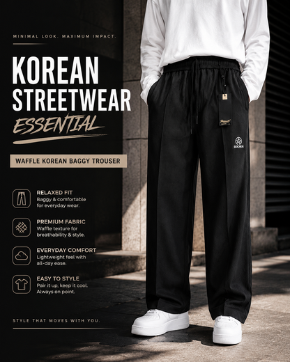 Classic Black Waffle Korean Baggy Trouser
