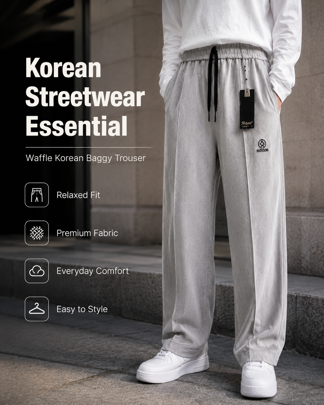 Grey Waffle Korean Baggy Trouser