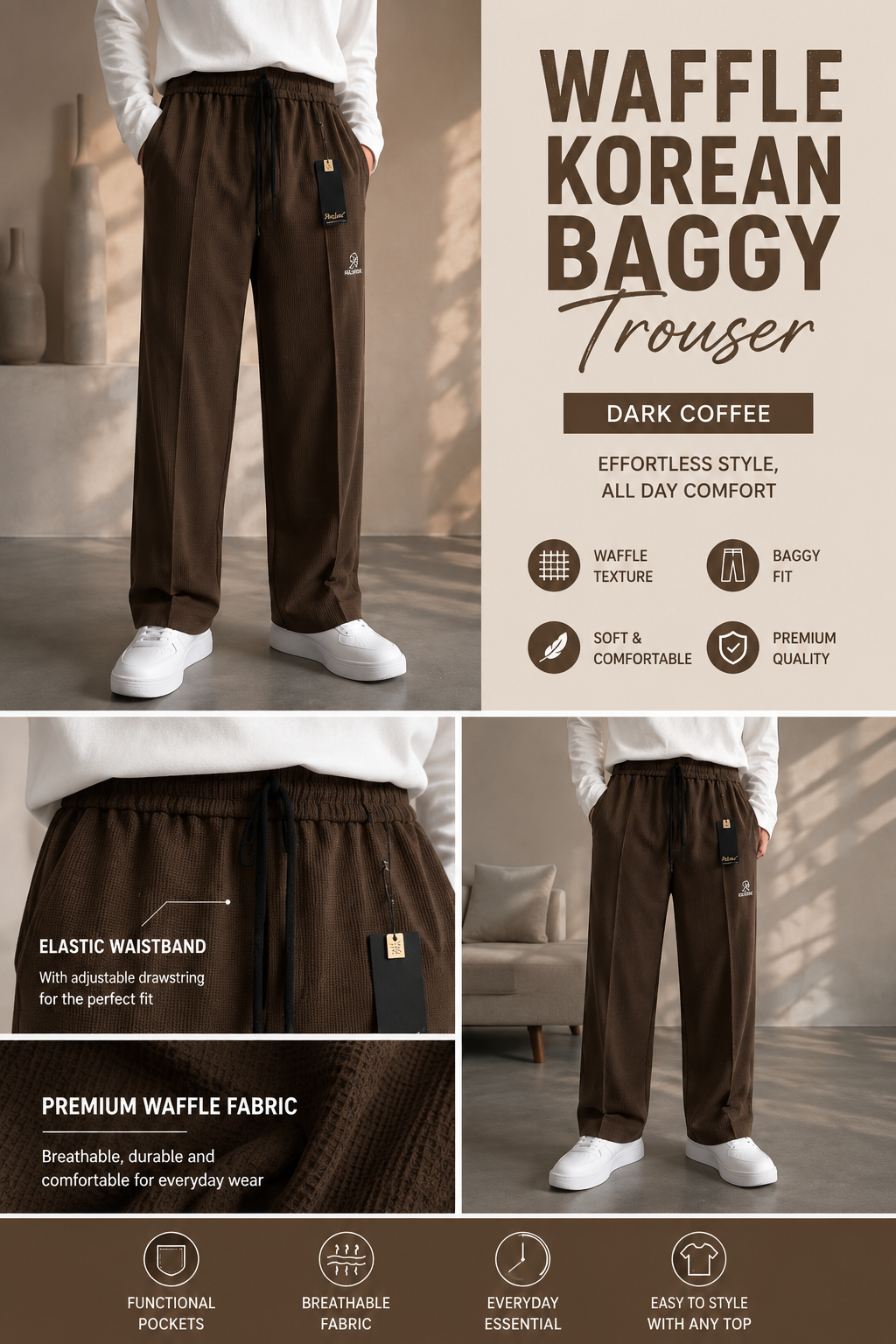 Chocolate Brown Waffle Korean Baggy Trouser