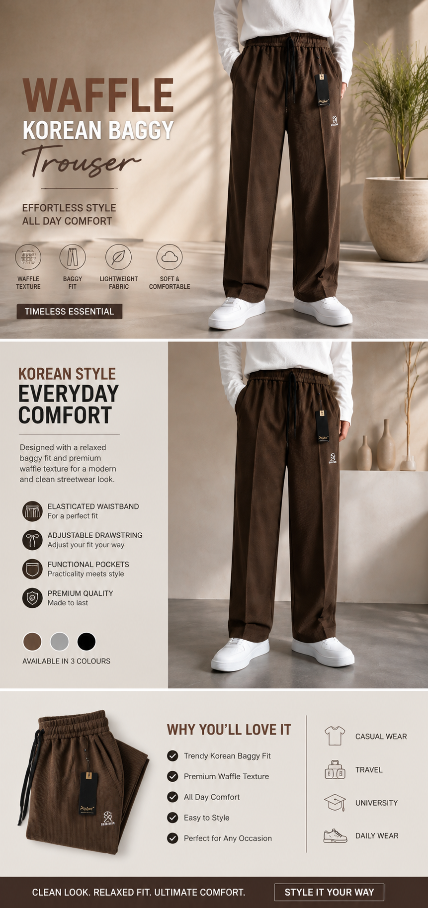 Chocolate Brown Waffle Korean Baggy Trouser