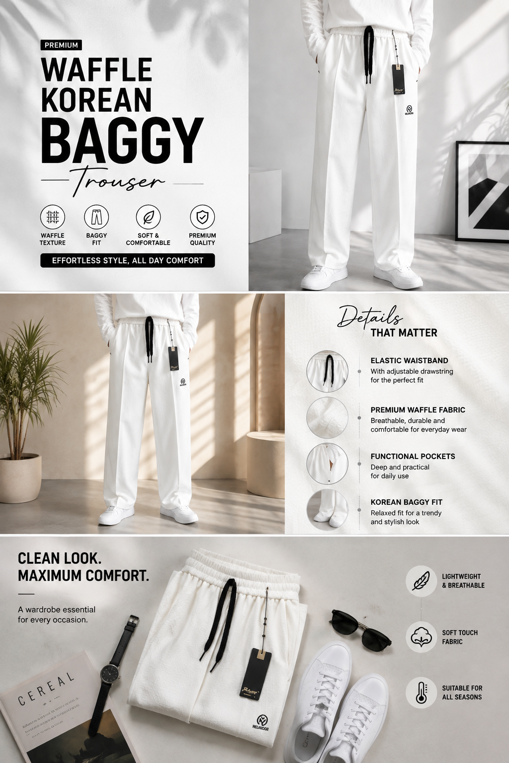 Premium White Waffle Korean Baggy Trouser